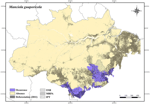 Figure 74. Occurrence area and records of Manciola guaporicola in the Brazilian Amazonia, showing the overlap with protected and deforested areas.