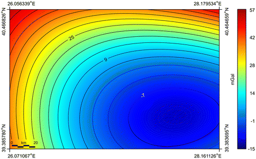 Figure 9. Regional gravity background of the study area computed by FEM based on the use of element shape functions. Contour interval: 4 mGal.