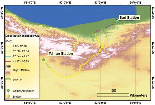 Figure 8. Liquefaction-induced deformation map of the Tehran-Sari railway and two mentioned bridges (30 m DEM is used).