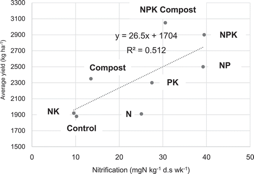 Figure 8. Correlation between nitrification and average yield of upland rice in the experiment.