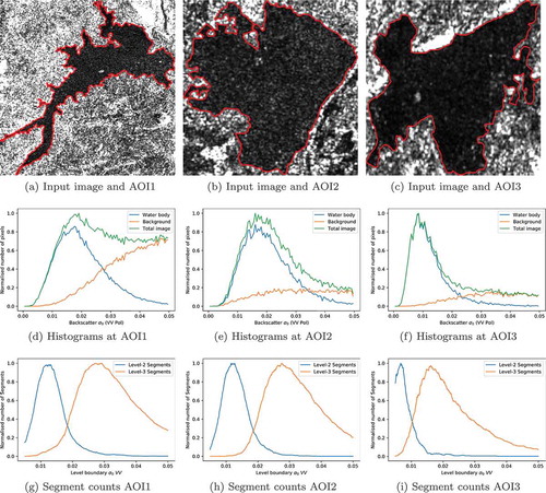 Figure 2. Input image with manually drawn AOI, normalized histogram of pixels inside AOI, outside AOI, total image and the normalized variation of number of segments in level 2 and level 3 at with level 2-3 boundary in the corresponding AOIs