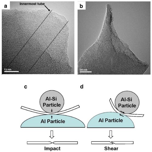 Figure 11. Transmission electron microscope images showing (a) tip of CNT broken due to impact, and (b) tip of a CNT broken due to shearing. Schematic showing the two mechanisms for fracture of CNTs during cold spraying, namely by (c) impact and (d) shear [Citation7].