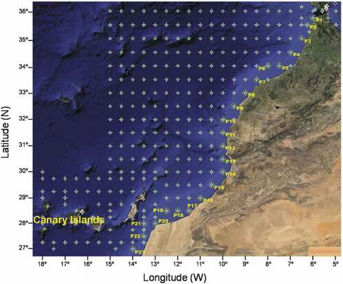Figure 20. Locations of the 23 studied points for ocean wave energy (Iglesias & Carballo, Citation2009)