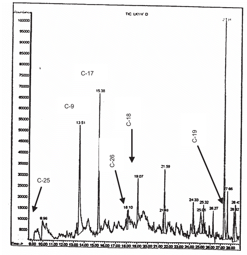 Figure 7.  GC-MS chromatogram of the alkaloid components of fraction BIII.