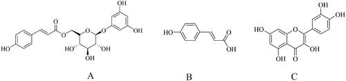 Figure 1. Structural formula of tadehaginoside (A), p-hydroxycinnamic acid (B) and quercetin (C).