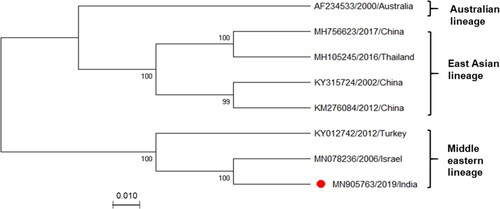 Figure 2. Phylogenetic analysis of Indian BEFV isolate. Phylogenetic analysis of complete Indian BEFV genome (marked with a red circle, n = 8) compared with corresponding globally available sequences. The maximum likelihood (ML) method and the Tamura-Nei model of nucleotide substitution were employed with bootstrap values (1,000 replicates) for tree construction. Bootstrap values are shown at the nodes representing the maximum likelihood bootstrap values and their subclades. There is a total of 14,959 positions in the final dataset. The GenBank accession numbers, along with the country name and year of the collection, are indicated for each virus.