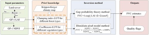 Figure 2. Flowchart of generating a 16 m/10-day FVC product from GF-1 satellite data.