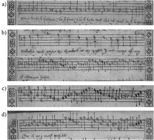 Image 3. A selection of the Phase III hands. Phase IIIa: a) GB-Lbl: Add. MS 30481, fol. 20v, Robert Adams's, Nunc Dimittis; b) GB-Lbl: Add. MS 30481, fol. 62v, Christopher Tye’s O Lord Rebuke Me Not and fol. 79r, Anon., ‘Non neamo’. Phase IIIb: c) GB-Lbl: Add. MS 30481, fol. 75v, Osbert Parsley’s Clock; d) GB-Lbl: Add. MS 30481, fol. 90v, Jacobus Clemens non Papa, Or il ne m’est possible. © British Library Board.