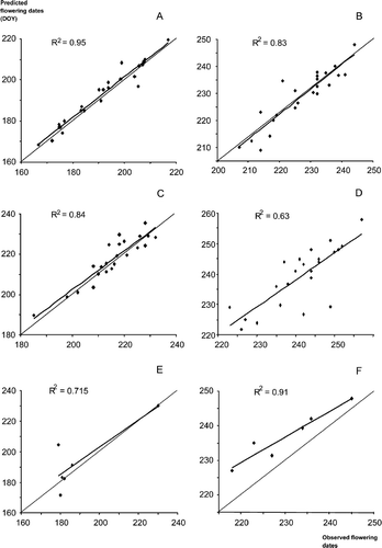 Comparison of predictions of flowering dates (peak of pollen shedding, in day of the year) of Alnus (A), Betula (B), Populus (C) and Platanus (D) in Vienna (Austria) using for each of them parameter estimates from Lyon (France); and of Alnus (E) and Betula (F) in Krakow (Poland) using parameter estimates from northern France, with their respective observed flowering date.