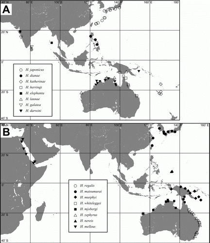 Figure 3.  Distributions of regional species. A: Halobates darwini, H. dianae, H. elephanta, H. galatea, H. herringi, H. japonicus, H. katherinae, H. lannae. B: H. matsumurai, H. melleus, H. mjobergi, H. murphyi, H. nereis, H. regalis, H. whiteleggei, H. zephyrus.
