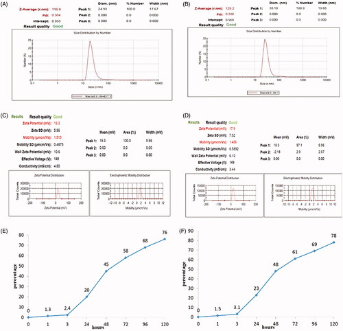 Figure 2. Measurement of physical property of nanoparticles with recombinant protein. Size distribution measured of; (A) rEIT and (B) rStx2B loaded with chitosan by Zetasizer. Zeta potential and Mobility of chitosan nanoparticles containing rEIT, (C) and rStx2B (D). Graph of in vitro antigens release of nanoparticled rEIT (E) and rStx2B (F) base on chitosan in PBS buffer.