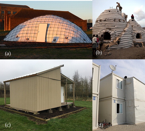 Figure 4. Examples of shelter typologies – (a) deployable shelter (Sheltair by Gregory Quinn); (b) Freeform (Superadobe structure by Cal-Earth, Image source: Flickr - DVIDSHUB); (c) Assemblage (Progresiva V.2 shelter by Mott-Macdonald & Fundacion Vivienda); (d) Modular (Caravans modular units).