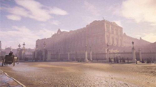 Figure 1. Some games designers expend considerable effort in recreating historic landscapes, as here with Edward Blore’s original design for the east frontage of Buckingham Palace as it appeared in the 1860s.Source: Assassin’s Creed: Syndicate, Ubisoft 2015. Gameplay footage from Phil Jones.