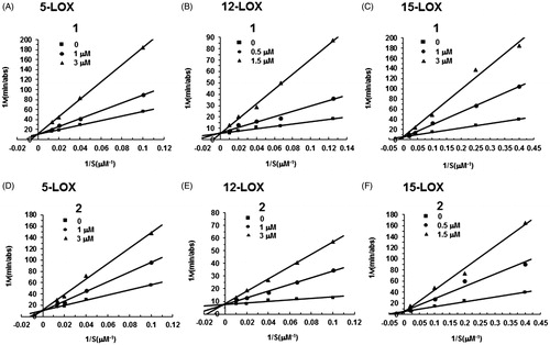 Figure 1. Inhibitory activities of 1 and 2 against 5-, 12-, 15-LOXs. Lineweaver–Burk plots of LOXs inhibition by 1 and 2. The panel shows the representative double reciprocal plots of 1/v vs 1/S at various compound concentrations. 1: (A) (5-LOX); (B) (12-LOX); (C) (15-LOX). 2: (D) (5-LOX); (E) (12-LOX); (F) (15-LOX).
