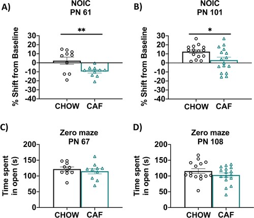 Figure 3. Energy balance and metabolic outcomes following adolescent sugar diet consumption. There were no overall significant group differences in body weight (A) or total caloric intake (B), although rats in the SUG group consumed less calories from chow (C) when consuming the sugar solution (D). The SUG group had significantly higher blood glucose levels (E and G) and adiposity (H) relative to CHOW rats, which normalized after healthy dietary intervention (F, G and H). Data are means ± SEM; n = 16/group before sugar removal (PN 74), n  = 8/group after sugar removal (PN 75+) *P < 0.05, **P < 0.01. CHOW: chow-fed; SUG: sugar; kcal: kilocalories; IPGTT: intraperitoneal glucose tolerance test.