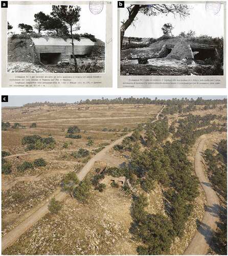 Figure 8. (a) Pillbox number 1, for anti-tank artillery and machine gun. The position covers the road from la Fatarella to Ascó (AGMAV). (b) Pillbox number 1 rear view showing the access to insert an anti-tank piece (AGMAV). (c) 3D recreation of Pillbox number 1, which covers the Ascó road and the accesses to level 563 /J.R. Casals—Didpatri UB).