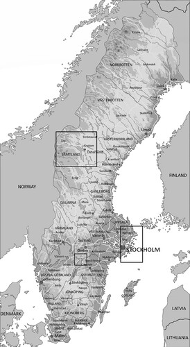 Figure 1. Map of Sweden and the case study areas. Map from iStockphoto. Map of the Nordic countries where each of the three the case study areas in Sweden are highlighted with a rectangle.