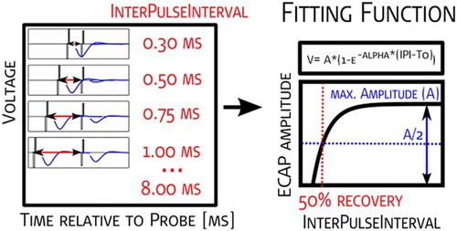 Figure 5 Graphical representation of the recovery function. The measurement paradigm, fitting function used, and determination of the ECAP threshold and ECAP slope are presented.