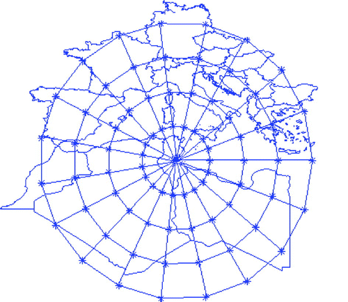 Figure 8. The grid that we use in the computations consists of a web of points regularly spaced in both the radial and tangential directions. The minimal distances between the points of this grid respect the stability condition.