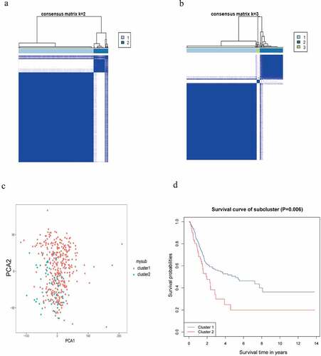 Figure 4. Identification of the category. (a, b) Determination of the optimum classification number. (c) The outcome of PCA. (d) KM survival analysis for BC samples in accordance with the two categories