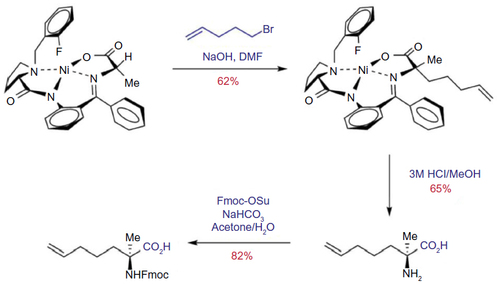 Figure 6 Asymmetric synthesis of Fmoc-S5-OH via fluorine-modified nickel (II) Schiff base complex.