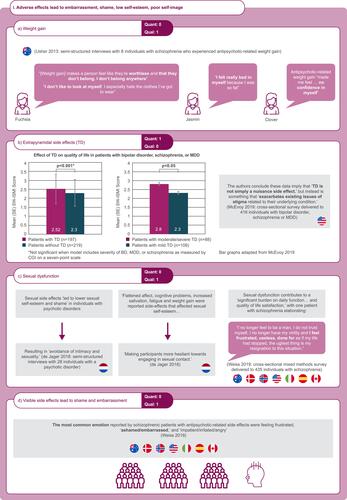 Figure 5 Qualitative and quantitative data for Theme 2B: Impact of side effects of antipsychotic treatment on self-stigma. All qualitative and quantitative data related to the impact of side effects of antipsychotic medications on self-stigma are presented. Quotations from qualitative studies as well as quantitative results are recorded along with the study design, population, and location (where applicable; represented by country flags) for each.