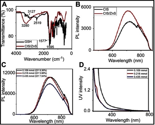 Figure 1 (A) FTIR spectra of GSH and GSH-capped CuInS/ZnS QDs, (B) PL spectra of CuInS QDs core and CuInS/ZnS QDs core\shell, (C) PL spectra and (D) absorption spectra of CuInS\ZnS QDs core-shell at different Zn:Cu + In ratio.