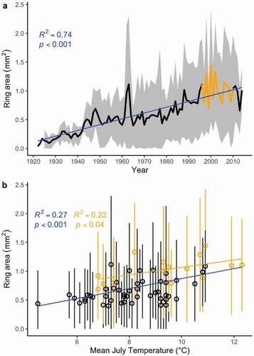 Figure 5. (a) The trend in average ring area over time and its (b) relationship with July temperature. Ring area significantly increased over time and was significantly correlated with July temperature. Blue lines are predicted from linear models using the full data set, and orange points and lines use the data from 1996 to 2010 when we have shrub cover estimates (there was no significant relationship between ring area and year in the restricted data set; p = .74). The range in (a) and error bars in (b) show ±1 standard deviation in ring area truncated at zero. The sample depth for the ring area chronology (a) is the same as the ring width chronology (Figure 2)