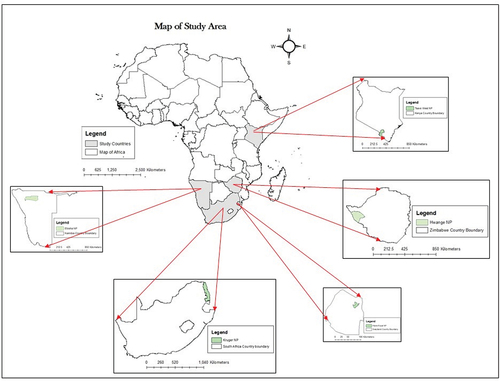 Figure 1. Study area, east and Southern Africa. NP: national park.