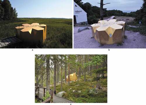 FIGURE 2. a. The crown in Store Mosse National Park, placed in front of the park’s main attraction – its vast bog. b. The crown in Stenshuvud National Park, placed next to its Naturum (visitor centre), with the path leading down to its famous beach in the background. c. The crown in Björnlandet National Park, placed in the middle of its pine forest.