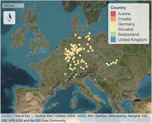 Figure 1. Distribution of selected PEP725 stations by country across Europe.