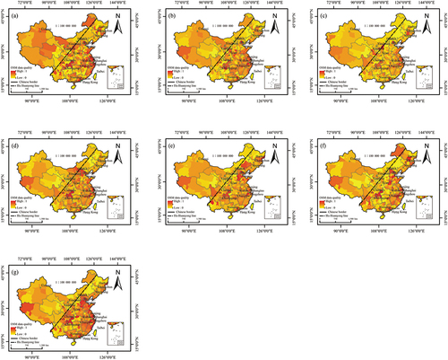 Figure 10. Spatial distribution of OSM data quality at the municipal scale in China in (a) 2014, (b) 2015, (c) 2016, (d) 2017, (e) 2018, (f) 2019, and (g) 2020.