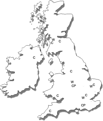 Figure 5 Location of candidate facilities(C: collection points, W: warehouse, P: plant).