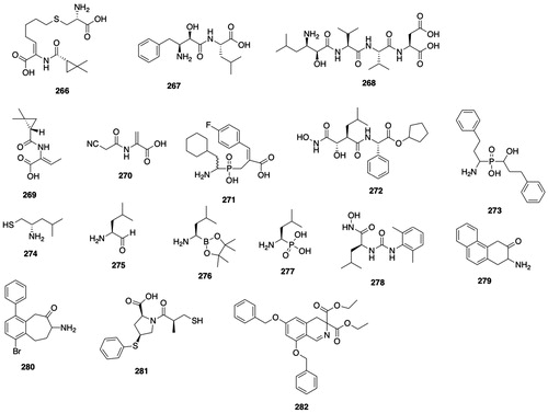 Figure 22. Dipeptidase inhibitors. 266, cilastatin; 267, bestatin (Ubenimex); 268, amastatin; 269, (+)-(Z)-2-(2,2-dimethylcyclopropane-1-carboxamido)but-2-enoic acid; 270, 2-[(cyanoacetyl)amino]-2-propenoic acid; 271 (2Z)-2-[[(1-amino-2-cyclohexylethyl)hydroxyphosphinyl]methyl]-3-(4-fluorophenyl)-2-propenoic acid; 272, tosedostat (CHR-2797); 2-(2-(hydroxy(hydroxycarbamoyl)methyl)-4-methylpentanoylamino)-2-phenylethanoic acid cyclopentyl ester); 273, α1-amino-3-phenylpropyl(α2-hydroxy-3-phenylpropyl)phosphinic acid; 274, l-Leu thiol; ((S)-2-amino-4-methylpentane-1-thiol); 275, l-leucinal; ((S)-2-amino-4-methylpentanal); 276, Leu-B(OH)2-pinacol; (3-methyl-l-(4,4,5,5-tetramethyl-l,3,2-dioxaborolane-2-yl)-l-butylamine); 277, l-Leu phosphonic acid [(1R)-1-amino-3-methylbutyl]phosphonic acid); 278 (S)-2-[3-(2,6-dimethyl-phenyl)-ureido]-4-methyl-pentanoic acid hydroxyamide; 279, 2-amino-1,4-dihydrophenanthren-3(2H)-one; 280, 7-amino-1-bromo-4-phenyl-5,7,8,9-tetrahydrobenzocyclohepten-6-one; 281, zofenprilat; ((2S,4S)-1-[(2S)-2-methyl-3-sulfanylpropanoyl]-4-(phenylsulfanyl)pyrrolidine-2-carboxylic acid); 282, diethyl 6,8-dibenzyloxy-3,4-dihydroisoquinoline-3,3-dicarboxylate.