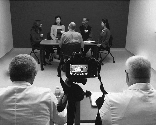 Figure 1. Team Objective Structured Clinical Encounter room setup showing camera setup with faculty raters in the foreground and students positioned in the far side of the room, Keck School of Medicine of the ​University of Southern California, 2016.