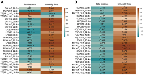 Figure 6 Correlation analysis of these 25 lipids with behavioral phenotypic indices in mice. Correlation analysis of metabolites in the hippocampus (A), Correlation analysis of metabolites in the liver (B). Immobility time and the total distance are indicators of depression-like behavior in mice, and the numbers are correlation coefficients and the p values are shown with * and **.