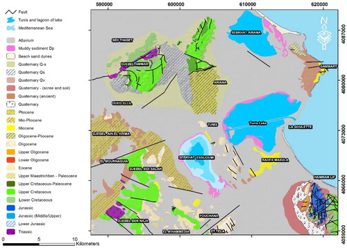 Figure 2. Assembly of the geological maps (1:50.000) of Ariana, Marsa, Tunis and La Goulette (Source: modified from ONM, Ferchichi et al. 2017).