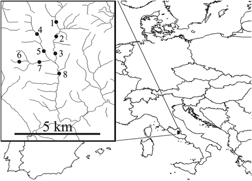 Figure 1. Sampling sites within the study area, located between 450 and 600 m a.s.l., and from 42°05'48,8'N 12°54'36,6'E to 42°05'06,9'N 12°54'09,7'E. For the water physico-chemical and environmental features, see Scalici et al. (Citation2008).