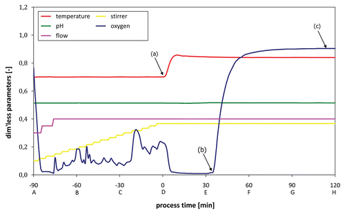 Figure 3 Fermentation protocol (growth/lysis phase) monitoring all relevant process parameters; (a) lysis induction, (b) lysis onset as indicated by dO2 up-shift, (c) stationary dO2 plateau indicating end of lysis phase.