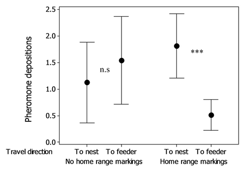 Figure 1. Number of pheromone depositions by experienced ants either traveling toward the feeder or returning to the nest source on a 7cm trail section either marked or unmarked with home range markings (see Czaczkes et al. 2011 for detailed methods). When home range markings are present, outgoing ants deposit significantly less pheromone than returning ants (Generalized Linear Mixed-Effects Model, z = 3.984, p < 0.001). When home range markings are absent, pheromone deposition rates are not different between outwards and return journeys (z = 0.696, p = 0.486) (data from Czaczkes et al.Citation18