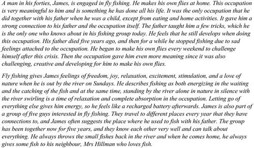 Figure 4. Description of the five categories explaining meaning in occupation related to James’ fly-fishing throughout time.