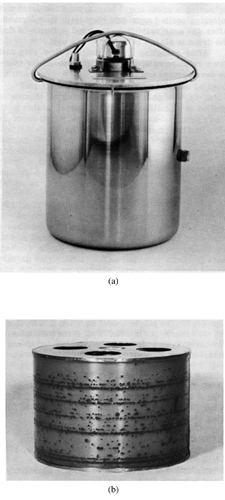 FIG. 30 Monitor for airborne bacteria (CitationKusnetz 1962) [From American Conference of Governmental Industrial Hygienists (ACGIH®), Air Sampling Instruments, Second Edition, Copyright 1962. Reprinted with permission]: (a) sampling can with nozzle on side and (b) drum impaction plate.