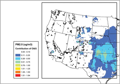 Figure 3. Modeled contribution of emissions associated with oil and gas production activity to annual average PM2.5 concentration. National parks and Class I areas are outlined in black.