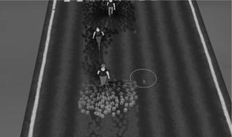 FIGURE 9 Removing markers in the environment affect the virtual humans' trajectories (the first and second agents are influenced by the new configuration of markers.) The circle represents the marker eraser, and it has been used to narrow down the region where the agents can walk.