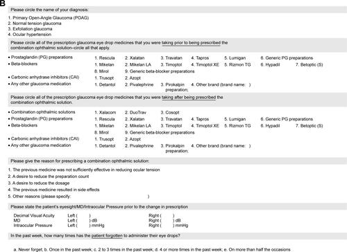 Figure S1 (A) Questionnaire for patients. (B) Questionnaire for ophthalmologists.Abbreviation: MD, mean deviation.