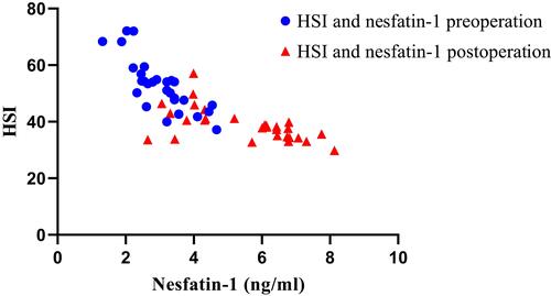 Figure 2 Correlation analysis of HSI and nesfatin-1 preoperation vs 1 year.