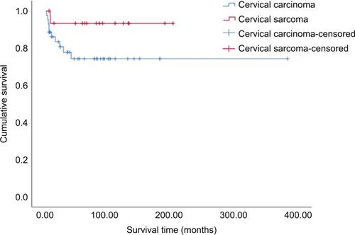 Figure 2 Kaplan-Meier curve showing overall survival among women ≤25 years with cervical carcinoma and cervical sarcoma.