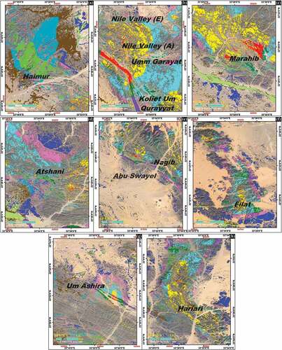 Figure 14. Comparison between the remotely sensed ordering with the known gold mines in west AHS, overlie Google Earth images: (a) Haimur gold mine. (b) Nile Valley Blocks and Um Garayat gold mines. (c) Marahib gold mine. (d) Atshani gold mine. (e) Nagib gold mine and area of Abu Swayel copper mine. (f) Filat gold mine. (g) Um Ashira gold mine. (h) Hariari gold mine. Diagram, c, in Figure 13, represents a legend of the colours in this figure (Figure 14) and describes the ranking order of the prospective mineralisation occurrences.