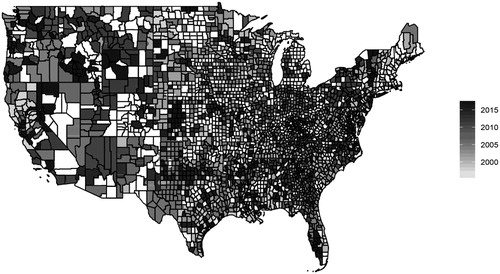 Figure 1. Map of counties selected for the study.Note. This map shows the counties selected for our study. These are the counties that experienced a major flood disaster but were not affected by a similar disaster in the preceding three years and the following two years. Darker shades represent more recent disaster declarations, and lighter shades represent older disasters. Only the most recent disaster is included for counties that appear more than once in the sample.