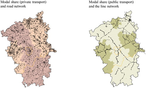 Figure 4. Schematic representation of the modal share (private transport) and road network in the Rhenish coal-mining area and schematic representation of the modal share (public transport) and the line network in the Rhenish coal-mining area.